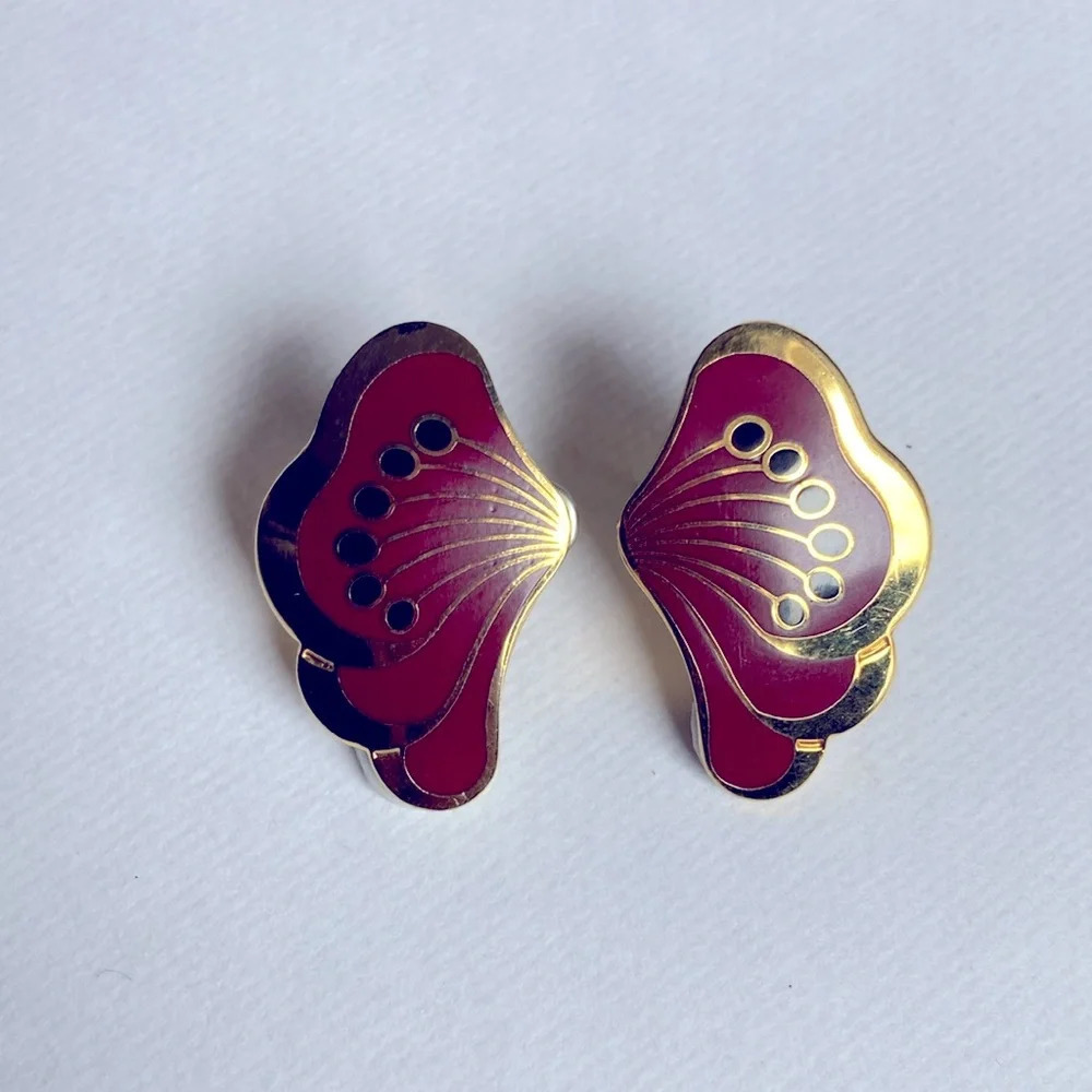 Laurel Burch LE FLEUR Studs Deep Red Black and Gold Tone - Picture 4 of 11